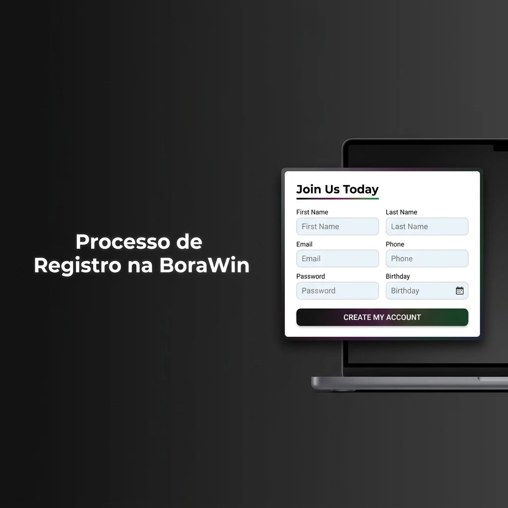 Processo de registro na BoraWin em 4 passos: acessar portal, preencher dados, confirmar e finalizar cadastro.